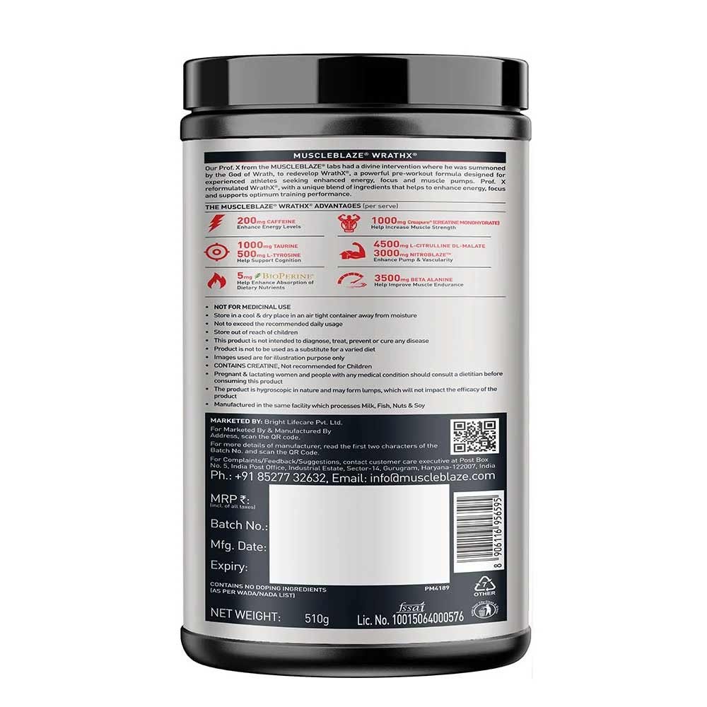 MuscleBlaze Pre Workout WrathX 510g 2 MuscleBlaze Pre Workout WrathX 510g - Image 2